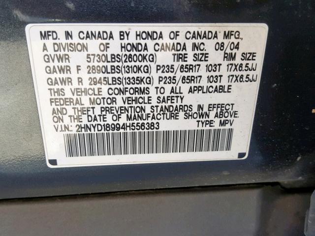 2HNYD18994H556383 - 2004 ACURA MDX TOURIN GRAY photo 10