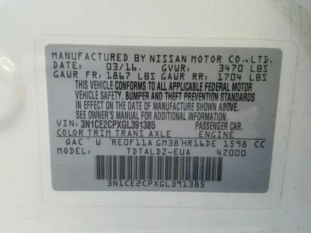 3N1CE2CPXGL391385 - 2016 NISSAN VERSA NOTE WHITE photo 10