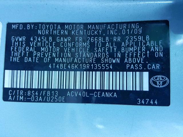 4T4BE46K19R135554 - 2009 TOYOTA CAMRY BASE BLUE photo 10