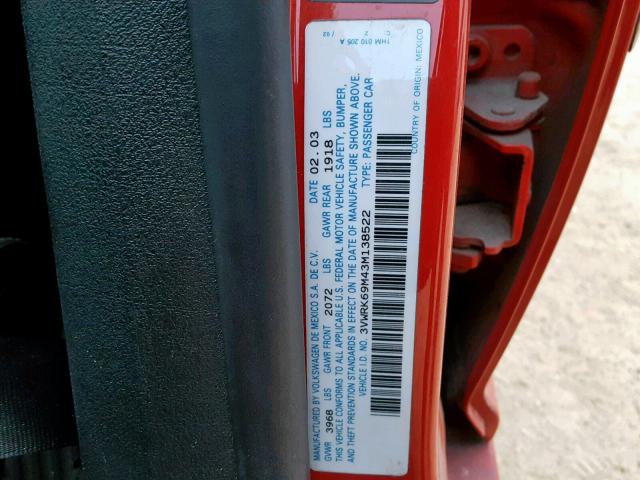 3VWRK69M43M138522 - 2003 VOLKSWAGEN JETTA GL RED photo 10