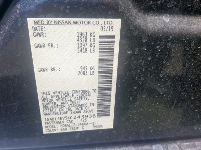 1N4BL4EV5KC243936 - 2019 NISSAN ALTIMA SL GRAY photo 10