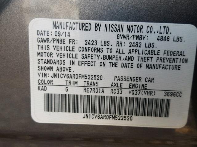 JN1CV6AR0FM522520 - 2015 INFINITI Q40 GRAY photo 10