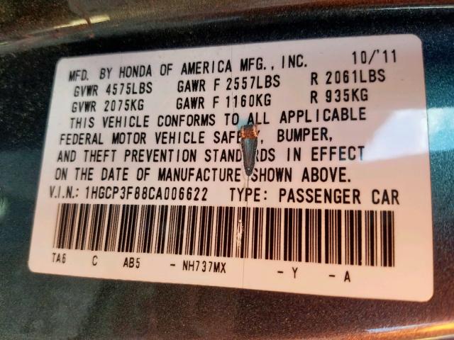 1HGCP3F88CA006622 - 2012 HONDA ACCORD EXL GRAY photo 10