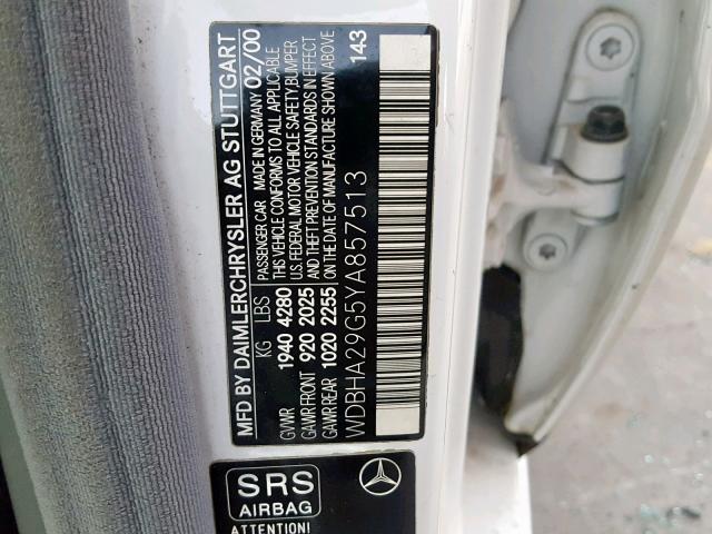 WDBHA29G5YA857513 - 2000 MERCEDES-BENZ C 280 WHITE photo 10