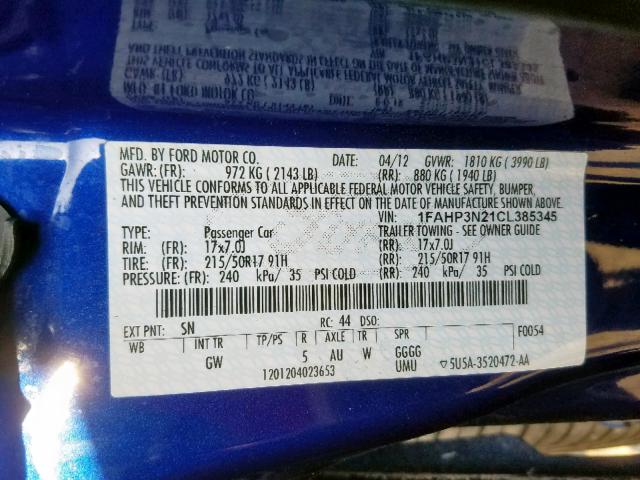 1FAHP3N21CL385345 - 2012 FORD FOCUS TITA BLUE photo 10