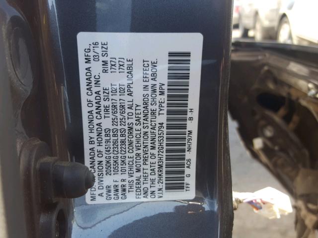 2HKRM3H72GH535794 - 2016 HONDA CR-V EXL GRAY photo 10