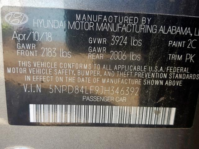 5NPD84LF9JH346392 - 2018 HYUNDAI ELANTRA SE GRAY photo 10