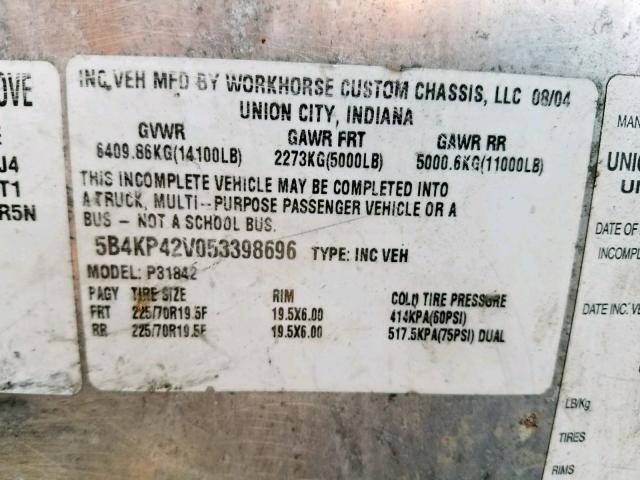 5B4KP42V053398696 - 2005 WORKHORSE CUSTOM CHASSIS FORWARD CO WHITE photo 10