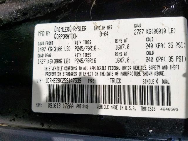 1D7HE28K25S147539 - 2005 DODGE DAKOTA QUA BLACK photo 10