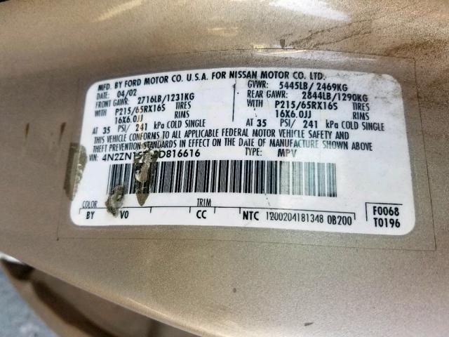 4N2ZN15T52D816616 - 2002 NISSAN QUEST GXE BEIGE photo 10