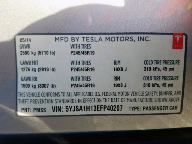 5YJSA1H13EFP40207 - 2014 TESLA MODEL S فضي صورة 10