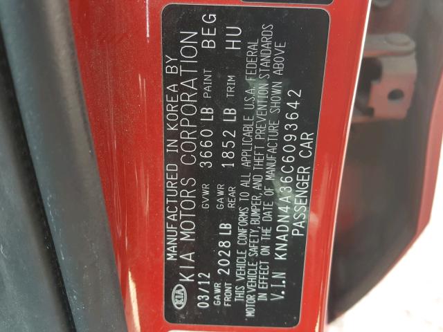 KNADN4A36C6093642 - 2012 KIA RIO EX RED photo 10