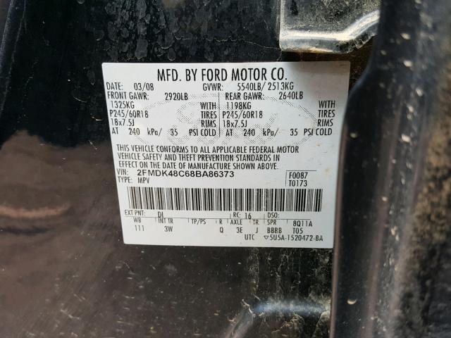 2FMDK48C68BA86373 - 2008 FORD EDGE SEL BLUE photo 10