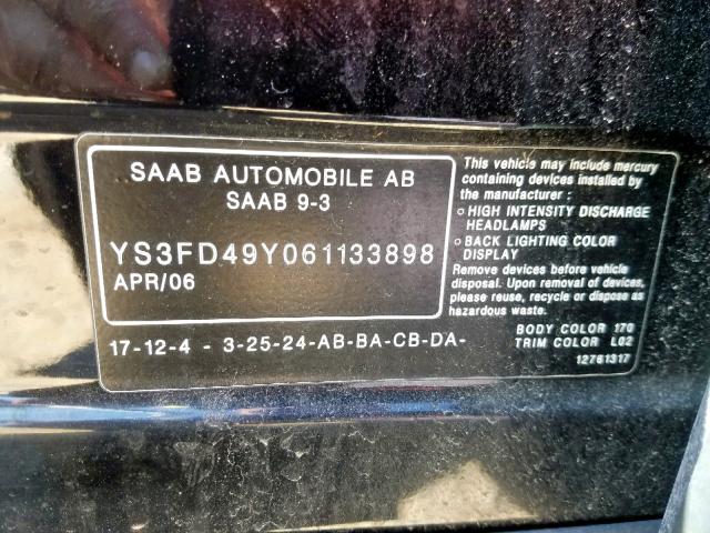 YS3FD49Y061133898 - 2006 SAAB 9-3 BLACK photo 10