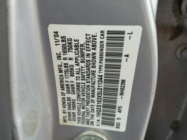 1HGES163X5L011344 - 2005 HONDA CIVIC DX V SILVER photo 10