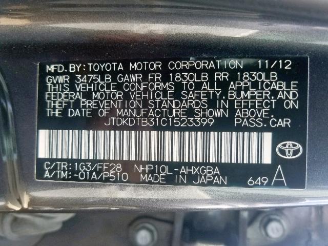 JTDKDTB31C1523399 - 2012 TOYOTA PRIUS C SILVER photo 10