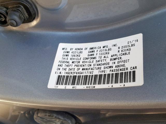 1HGCR2F8XGA117182 - 2016 HONDA ACCORD EXL GRAY photo 10