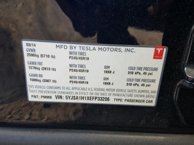 5YJSA1H1XEFP33206 - 2014 TESLA MODEL S BLUE photo 10