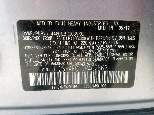 JF2SHAEC1DH402662 - 2013 SUBARU FORESTER L SILVER photo 10