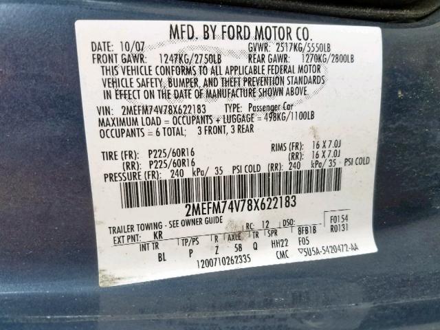 2MEFM74V78X622183 - 2008 MERCURY GRAND MARQ BLUE photo 10