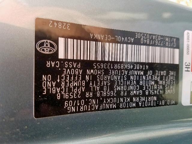 4T4BE46K89R133655 - 2009 TOYOTA CAMRY BASE BLUE photo 10
