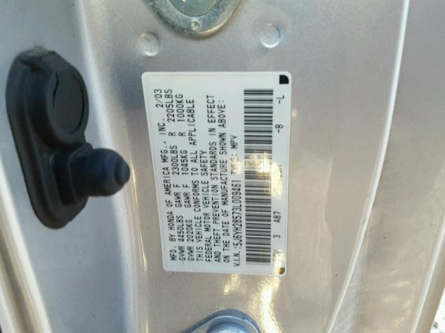 5J6YH28573L009461 - 2003 HONDA ELEMENT EX SILVER photo 10