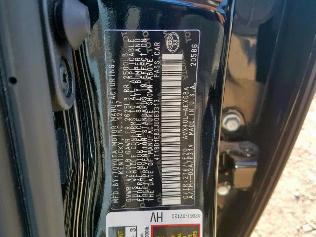 4T1BD1EB0JU063313 - 2018 TOYOTA AVALON HYB BLACK photo 10