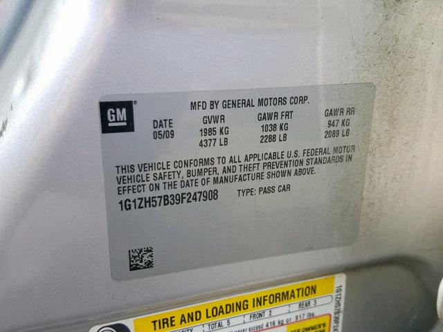 1G1ZH57B39F247908 - 2009 CHEVROLET MALIBU 1LT 银色 照片 10