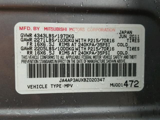 JA4AP3AUXBZ020347 - 2011 MITSUBISHI OUTLANDER GRAY photo 10