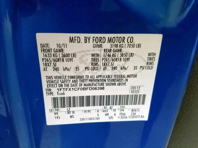 1FTFX1CF0BFD06398 - 2011 FORD F150 SUPER BLUE photo 10