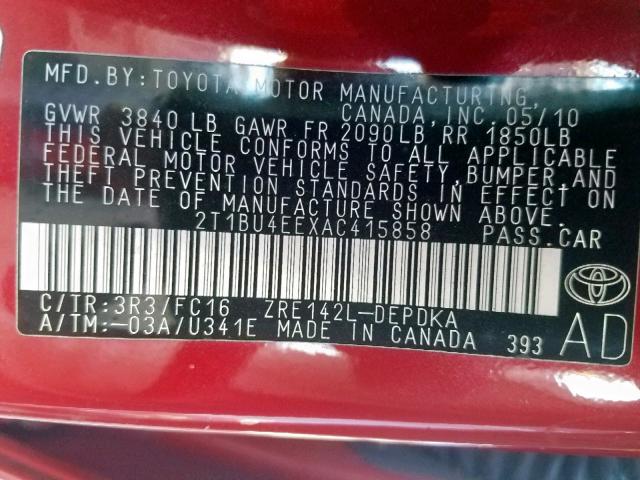 2T1BU4EEXAC415858 - 2010 TOYOTA COROLLA BA RED photo 10