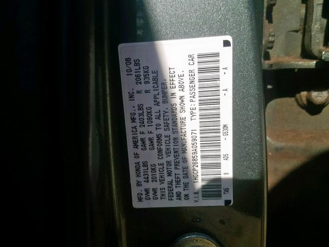 1HGCP26859A059071 - 2009 HONDA ACCORD EXL GREEN photo 10