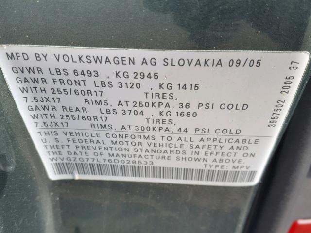 WVGZG77L76D028533 - 2006 VOLKSWAGEN TOUAREG 3. GREEN photo 10