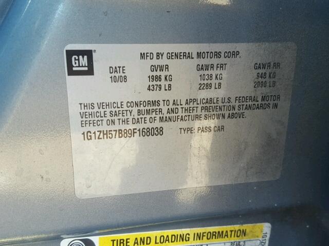 1G1ZH57B89F168038 - 2009 CHEVROLET MALIBU 1LT BLUE photo 10