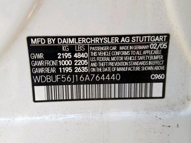 WDBUF56J16A764440 - 2006 MERCEDES-BENZ E 350 WHITE photo 10