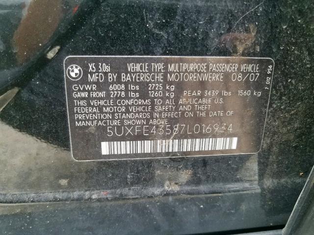 5UXFE43587L016934 - 2007 BMW X5 3.0I BLACK photo 10