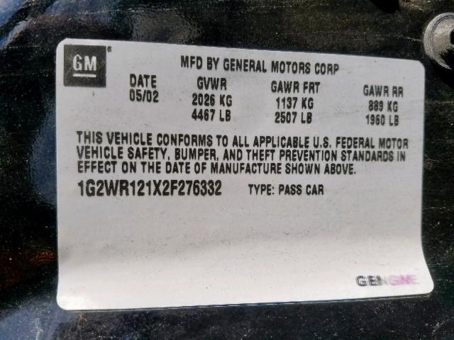 1G2WR121X2F276332 - 2002 PONTIAC GRAND PRIX BLACK photo 10