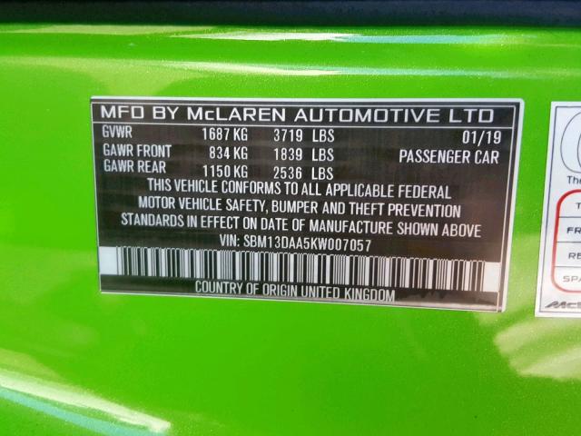 SBM13DAA5KW007057 - 2019 MCLAREN AUTOMOTIVE 570S GREEN photo 10