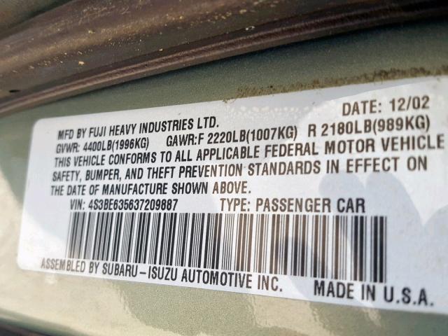 4S3BE635637209887 - 2003 SUBARU LEGACY L GRAY photo 10