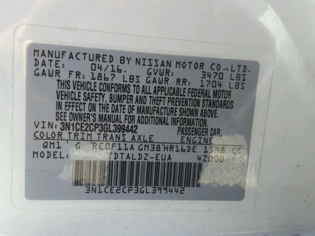 3N1CE2CP3GL399442 - 2016 NISSAN VERSA NOTE WHITE photo 10