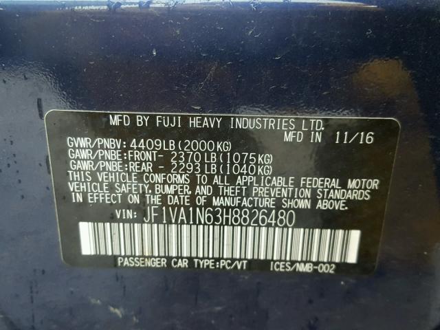 JF1VA1N63H8826480 - 2017 SUBARU WRX LIMITE BLUE photo 10