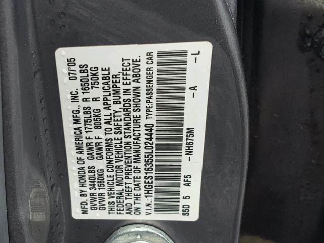 1HGES16355L024440 - 2005 HONDA CIVIC DX V GRAY photo 10