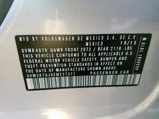 3VW2K7AJ6EM237371 - 2014 VOLKSWAGEN JETTA BASE 银色 照片 10