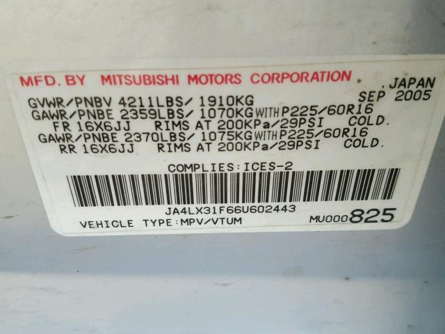 JA4LX31F66U602443 - 2006 MITSUBISHI OUTLANDER SILVER photo 10