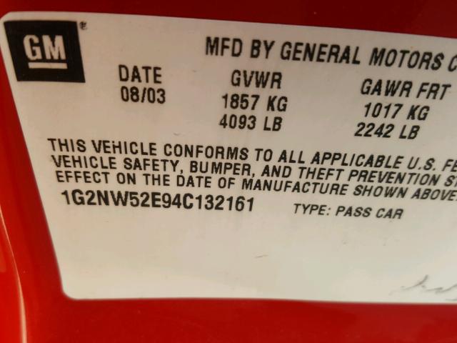 1G2NW52E94C132161 - 2004 PONTIAC GRAND AM G RED photo 10