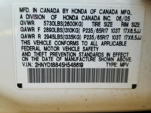 2HNYD18845H548619 - 2005 ACURA MDX TOURIN WHITE photo 10