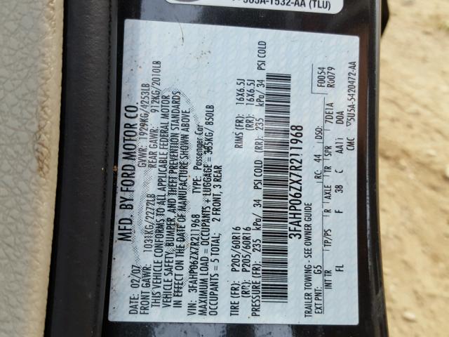 3FAHP06ZX7R211968 - 2007 FORD FUSION S BLACK photo 10