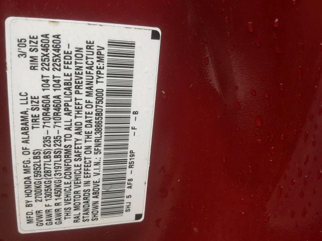 5FNRL38865B075000 - 2005 HONDA ODYSSEY TO RED photo 10