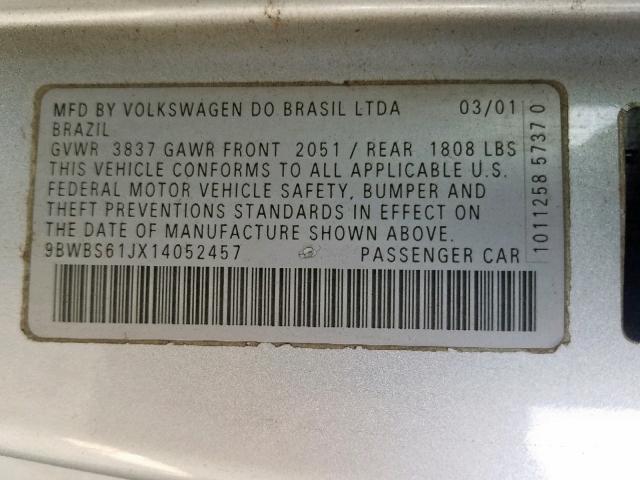 9BWBS61JX14052457 - 2001 VOLKSWAGEN GOLF GL SILVER photo 10