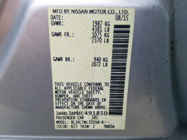 1N4BL3AP8FC491850 - 2015 NISSAN ALTIMA 3.5 SILVER photo 10